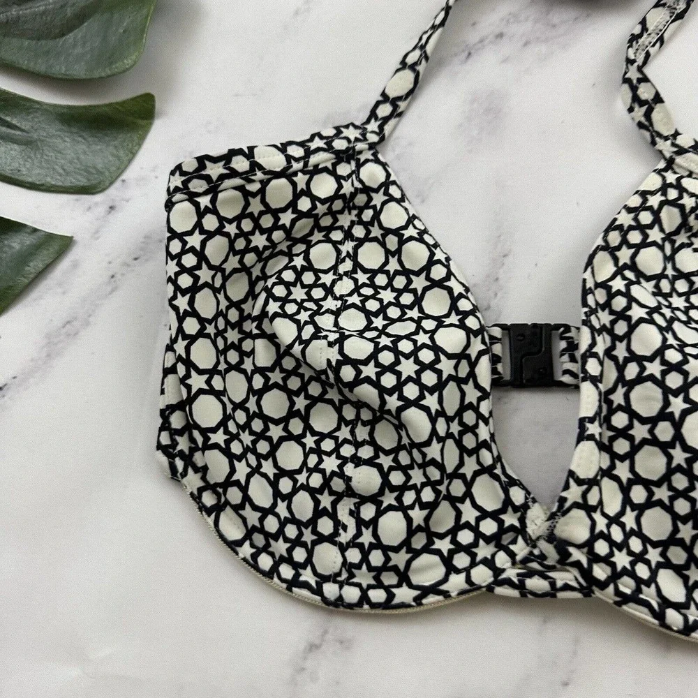 Freya Halter Bikini Top Size 34 E White Black Geometric Star Print Underwire